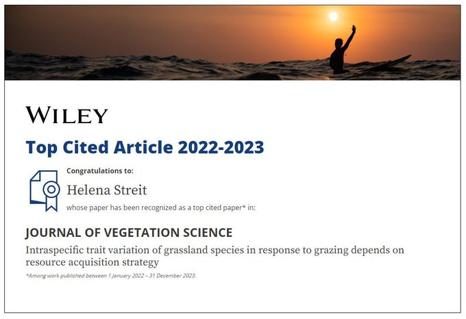 This was a surprise!💫
The paper with the results of my Master's degree is a #TopCitedArticle in @JVegSci !

Happy to contribute to the grassland ecology field! 
Thanks to everyone who read and cited. 

Link to this paper:
doi.org/10.1111/jvs.13…