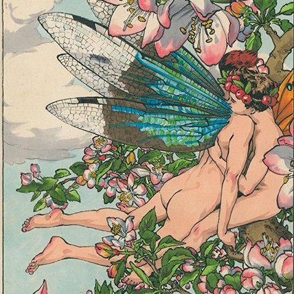 Two handsome gay fairies with dragon fly wings cavort among the flowers in my painting “Apple Blossoms,” available as a print in my Etsy shop! etsy.com/mx/listing/171…