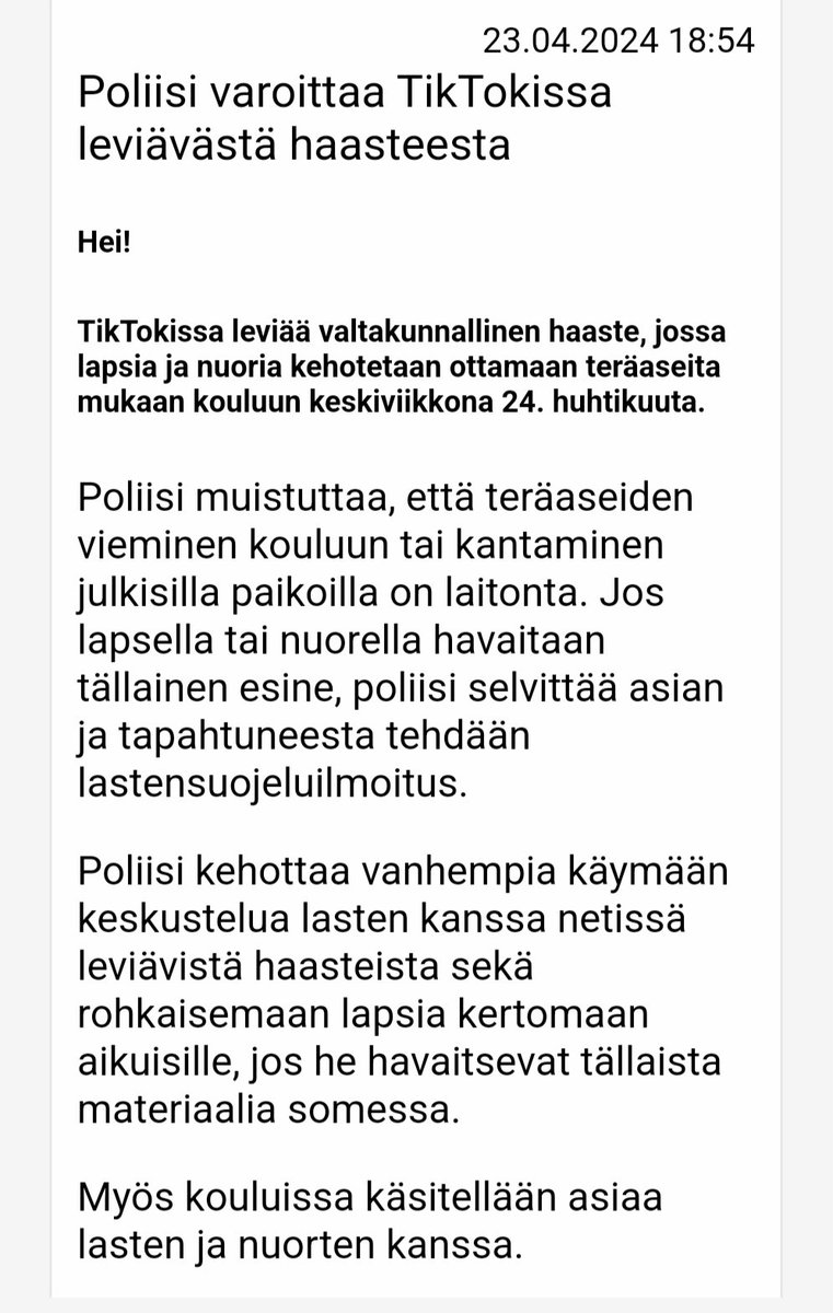 Vanhemmat huomio! Nyt, jos koskaan, on syytä käydä vakavahenkinen keskustelu oman rakkauden hedelmän kanssa, ettei hän hölmöyksissään lähde näihin mukaan.
Kiitos <a href="/orivesi/">Oriveden kaupunki</a> , että koteihin tuli tästä tiedote!

<a href="/mll/">emururu</a>, tästä ei ole tullut somehaastevaroitusta?