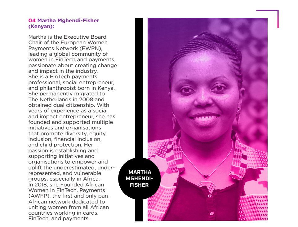 2024 Top 100 #WomenInFinTech 👇👇

04. Martha Mghendi-Fisher (Kenyan): Martha leads the @EWPNEurope and founded @AWFPAfrica. She's dedicated to promoting diversity and financial inclusion, particularly in Africa. | shorturl.at/gkpY4

#LevelOneProject #IncludeEveryone
