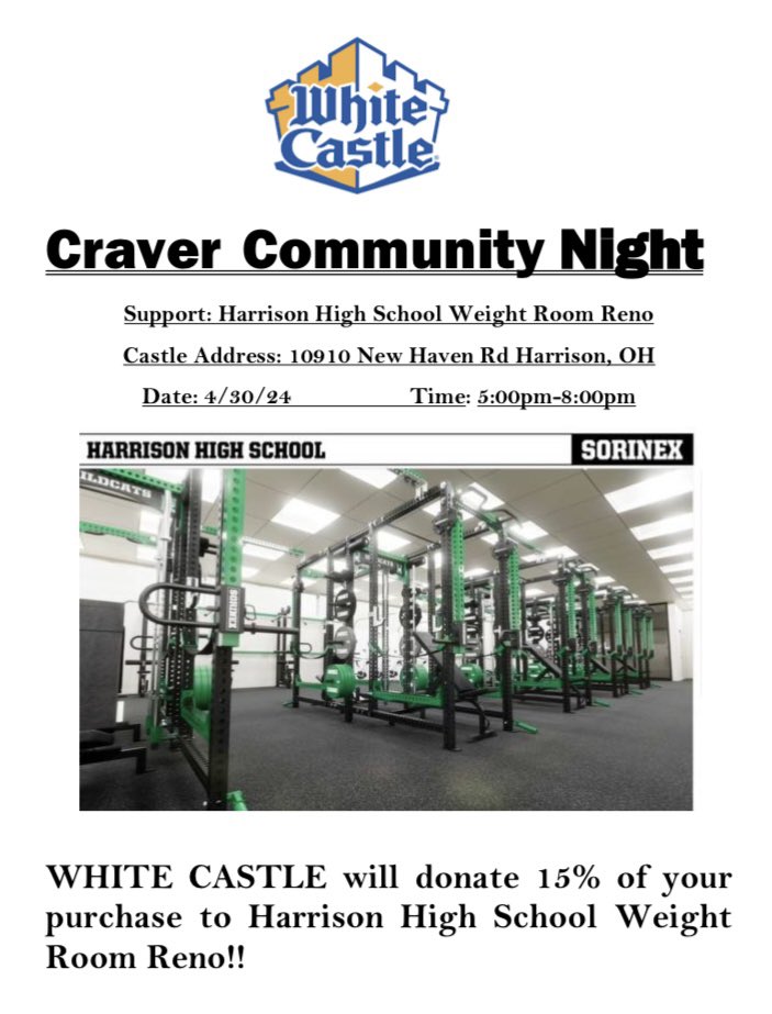 Harrison Community - continue to support our Harrison High School Weight Room Reno by heading out to Harrison @WhiteCastle for dinner from 5pm - 8pm on 04/30! #THINKBIG @HarrisonWildcat @HW_Strength @Wildcat_ATC @hjswildcat @SLSDmcbee @swocsports @ShopHarrisonOH @HarrisonFootba1