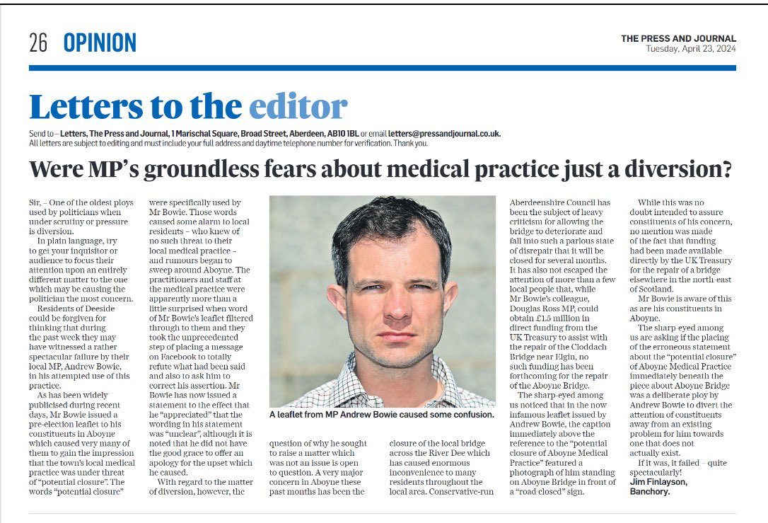 The #AndrewBowie 'unclear wording' quagmire today reached the letters page of the @pressjournal. He recently put out a pamphlet suggesting the medical practice in #Aboyne was threatened with closure. IT IS NOT. The media took an interest; the story continues...