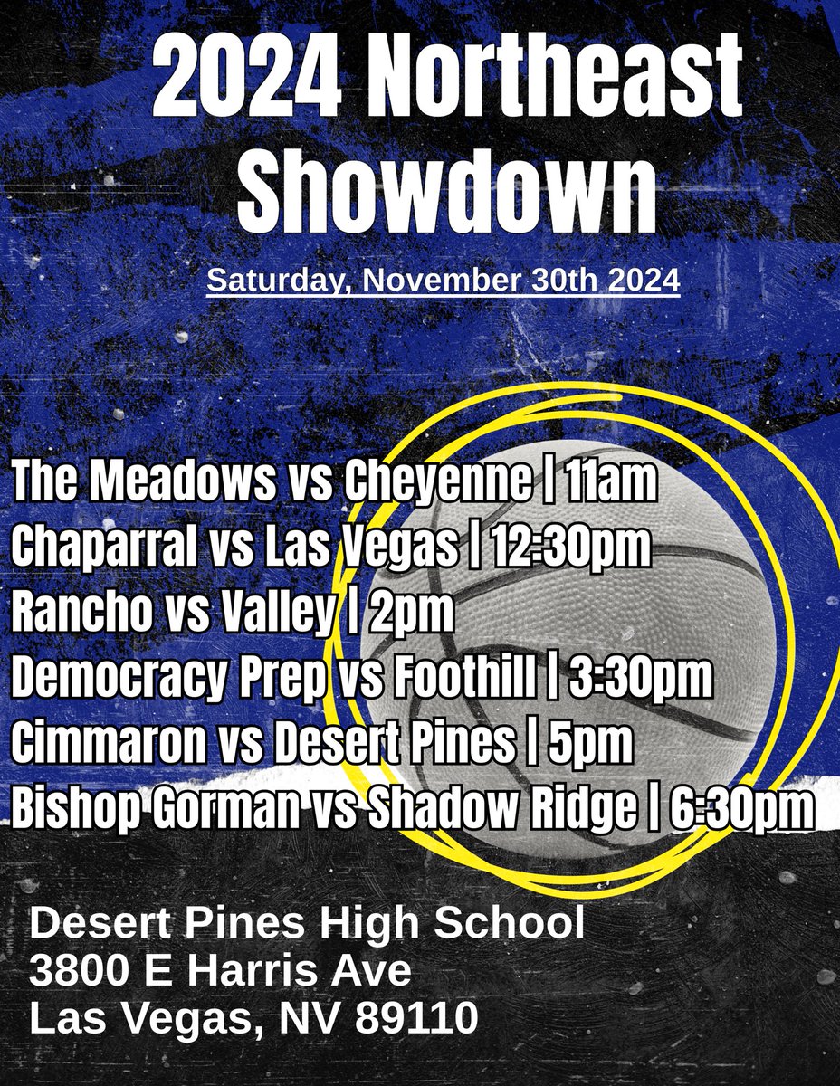 Desert Pines BBall (@dp_basketball) on Twitter photo Here’s the schedule for our 3rd annual Northeast Showdown.
New faces, new year, same location.
#THESHOWDOWN24
All media outlets and coaches are welcome.
Come and open the season up with some good basketball.
<a href="/theballdawgs/">Ball Dawgs</a> <a href="/dphs_athletics/">DPHS Athletics</a> <a href="/raybrewer21/">Raymond Brewer</a> Here’s the schedule for our 3rd annual Northeast Showdown.
New faces, new year, same location.
#THESHOWDOWN24
All media outlets and coaches are welcome.
Come and open the season up with some good basketball.
<a href="/theballdawgs/">Ball Dawgs</a> <a href="/dphs_athletics/">DPHS Athletics</a> <a href="/raybrewer21/">Raymond Brewer</a>