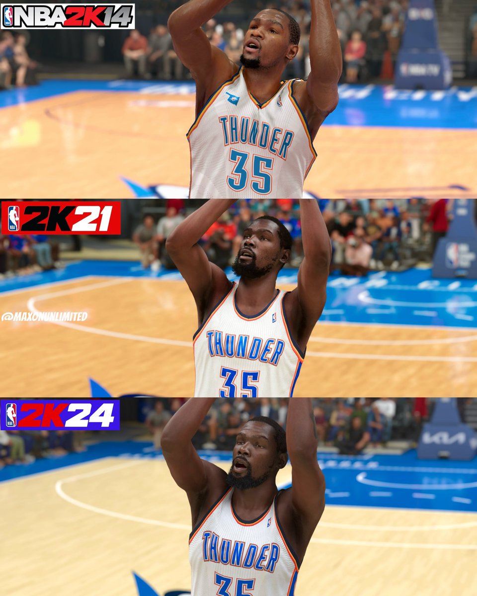 NBA 2K COMPARISON - KEVIN DURANT 

NBA 2K14 - (First game on old gen) 
NBA 2K21 - (First game on next gen)
NBA 2K24 - (Current game on next gen) 

2K14 & 2K21 holds up great but 2K24 took an absolute HIT graphically when it comes to texture, reflections, lighting and yes people…