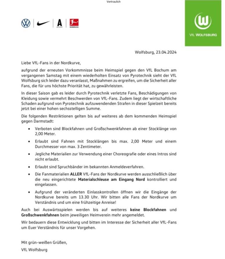🟢 Wolsburg taraftarına büyük ceza. 2 metreden uzun bayraklar yasak, tüm pankartlar kontrol edilecek, koreografi yasak, deplasmanlarda bayrak yasak.