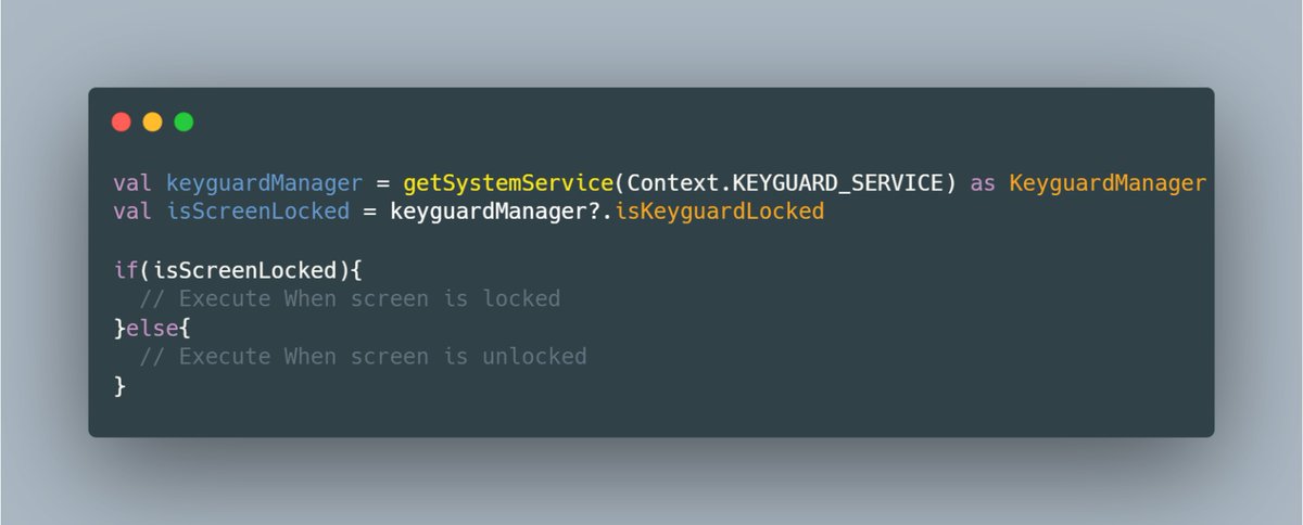 How to know if the mobile screen is locked?

To determine if the mobile screen is locked, we use the KeyguardManager.

 It works regardless of whether the user has set a password, PIN, pattern, or just swipe-to-open functionality.

#android 
#androiddevelopers