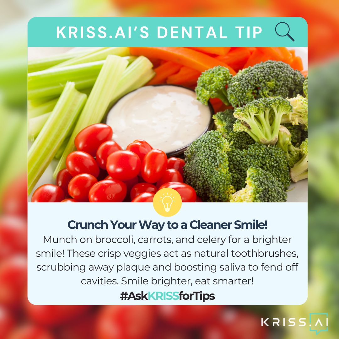 KrissAIdental's tweet image. KRISS AI Dental tips, discover how the right food can enhance your dental health. Let KRISS.AI guide you to a brighter, healthier smile today!

#KrissAI #dentalchatbot #chatbotAI #DentalHealth #CleanSmile #DentalTips  #DentalCare #SmileBrighter