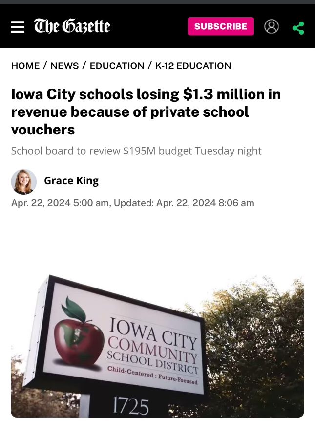 RobSandIA's tweet photo. Supporters of the new school vouchers law said it wouldn’t hurt public schools, so who could have seen this coming???

https://t.co/WDH1XJ53kp https://t.co/YkMdc1SyHM