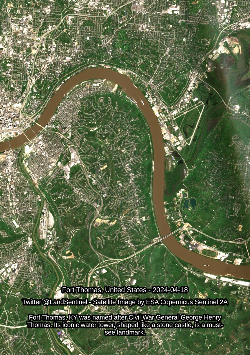 Fort Thomas - United States - 2024-04-18 Fort Thomas, KY was named after Civil War General George Henry Thomas. Its iconic water tower, shaped like a stone castle, is a must-see landmark. #SatelliteImagery #Copernicus #Sentinel2