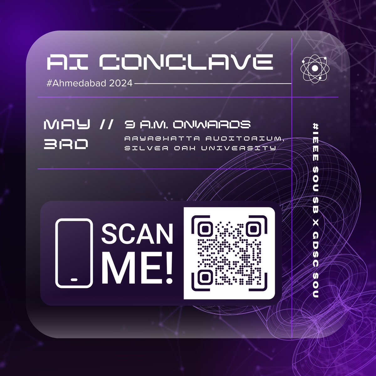IEEE_SilverOak's tweet photo. 🤖 Dive into the world of AI with #IEEESOUSB and #GDSCSOU at the “AI Conclave - Ahmedabad 2024”! Embark on a thrilling #AI journey into transforming technologies. Interact with professionals, boost your AI knowledge, and engage in insightful panel discussions.✨#ieee #GDSC #sou https://t.co/cGCPYSE50U