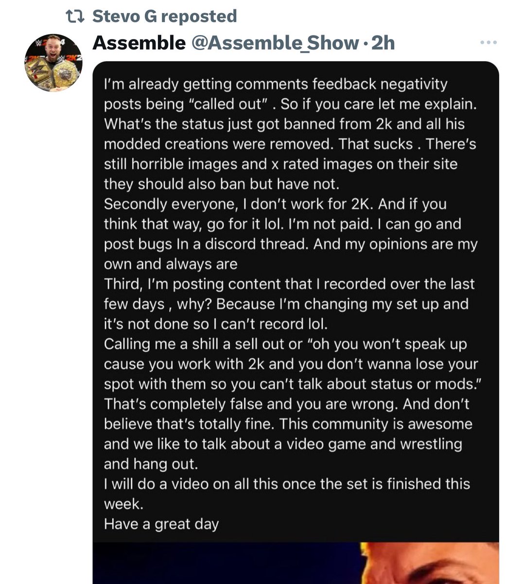 TFEAceBABA's tweet photo. Those who are blaming next makers and taking it out on them are being delusional. 

They, much like @WhatsTheStatus do not get payed by 2K to do what they do. 

Don’t jump the gun, they love status just as much as the next person does. 

#KeepPeace #FreeStatus https://t.co/UIJkrgWTgp
