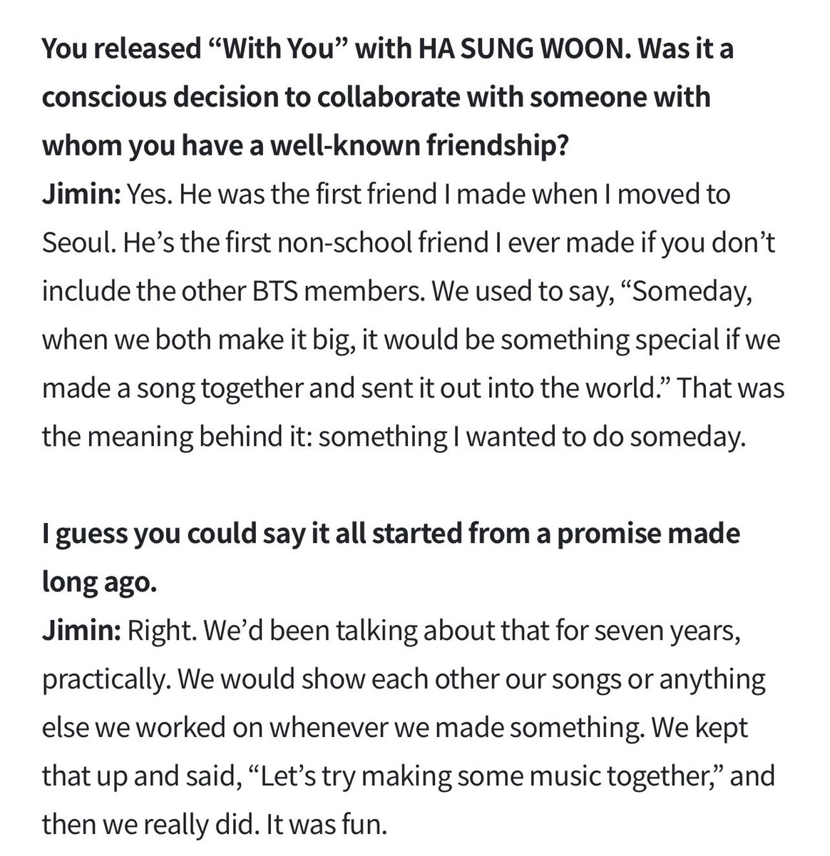 Jimin about Sung Woon : 'he was the first friend I made when I moved to Seoul' 🥹 'Someday, when we both make it bit, it would be something special if we made a song together and sent it out into the world' #2YearsWithYouJimin #지민아_위드유2주년_축하해 TWO YEARS WITH YOU JIMIN