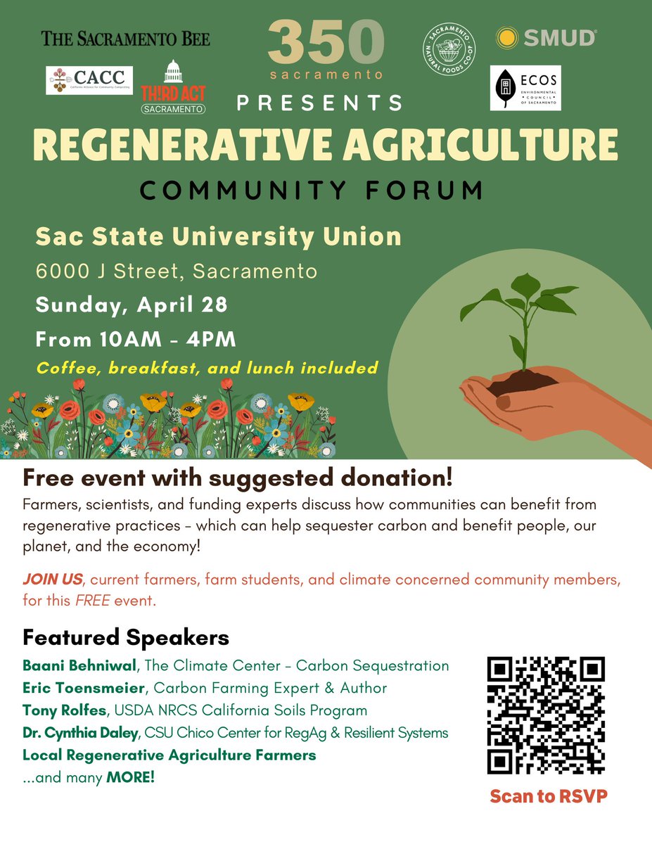 Regenerative Agriculture Community Forum: Learn from farmers, scientists, funding experts, and more, about the benefits to people and planet of regenerative agriculture! Sunday, April 28 
eventbrite.com/e/regenerative…