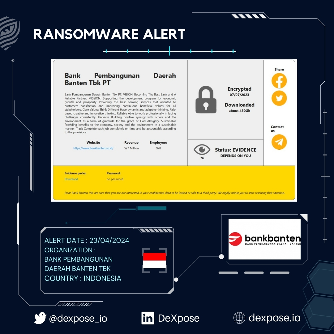 RANSOMWARE ALERT
-
Bank Banten falls victim to RansomHouse Ransomware

The group claims to have access to 450 GB of the organization's data.
-
#data_breach
#data_leak
#infosec
#dark_web
#DataBreach 
#DataLeak 
#Services 
#CyberThreat 
#CyberAttack