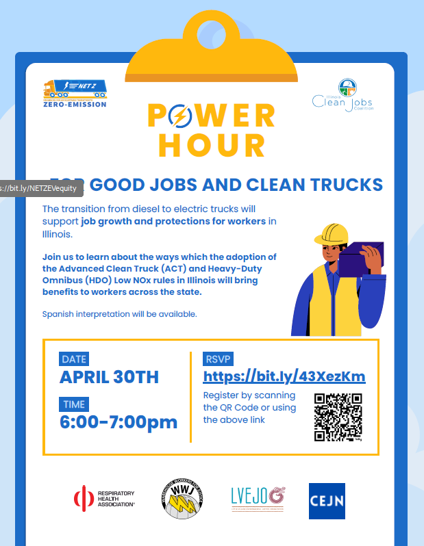I'm excited to tune in next week to the NETZ power hour on a just transition to electric trucks for workers at 6PM CT! You can register at bit.ly/43XezKm @LVEJO @ILCleanJobs @WarehouseWorker @CEJNetwork