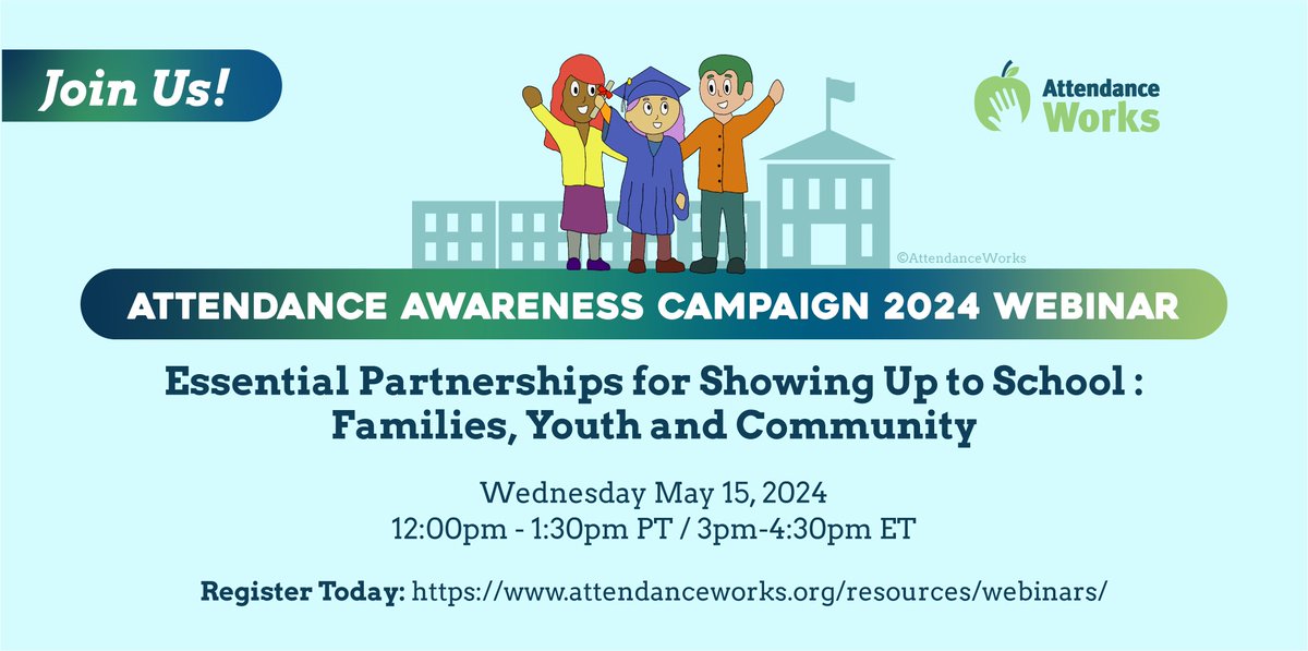 Working together we can ensure every student has the support they need to succeed. Join us & our partners on May 15! 🎟️ Register Today: attendanceworks.org/resources/webi… @IELconnects @readingby3rd @JHU_EGC @FutureEdGU @healthyschools @MENTORnational @leagueofcities @UnitedWay