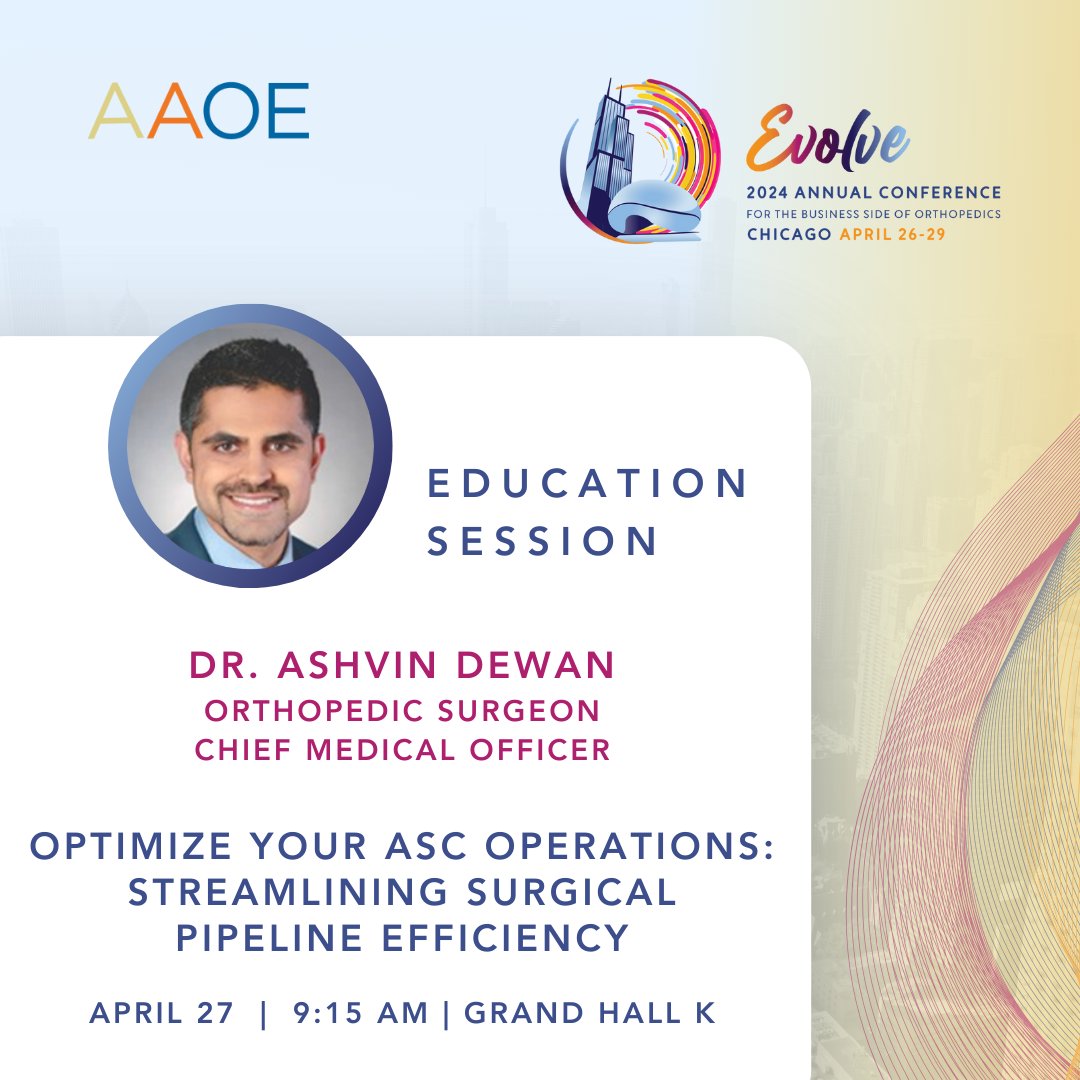 Don't miss this educational session by our Chief Medical Officer <a href="/DrAshvinKDewan/">Ashvin K. Dewan, MD</a>, at the <a href="/AAOE_OrthoExec/">AAOE_OrthoExec</a> Conference! 

This session is your key to optimizing ASC operations, enhancing efficiency, and bolstering profitability for your practice!

#AAOE #AAOE2024 #ASC #Surgery