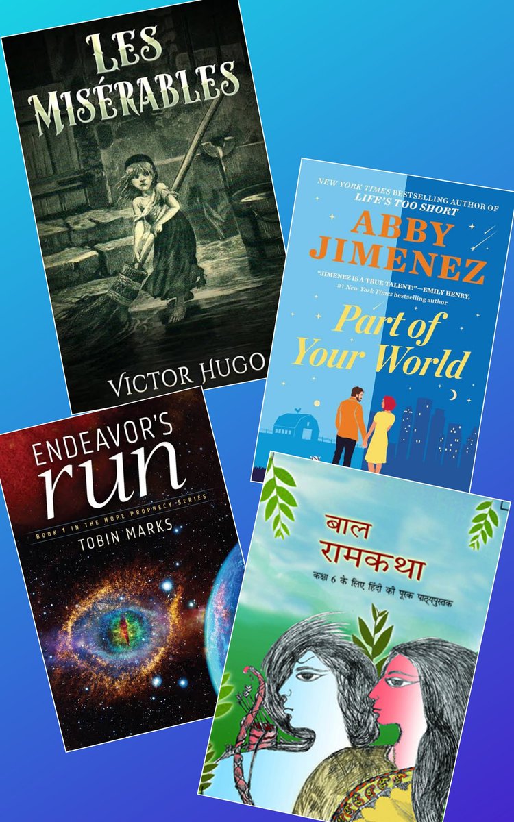 #Books that I'm reading right now! I can't imagine my life w/out them. Thanks to each & every #author tht they chose to write❤ #WorldBookDay • Les Misérables, Victor Hugo • Part of Your World, @AuthorAbbyJim • Endeavor's Run, @tobinmarks (rereading) • Bal Ramkatha, NCERT