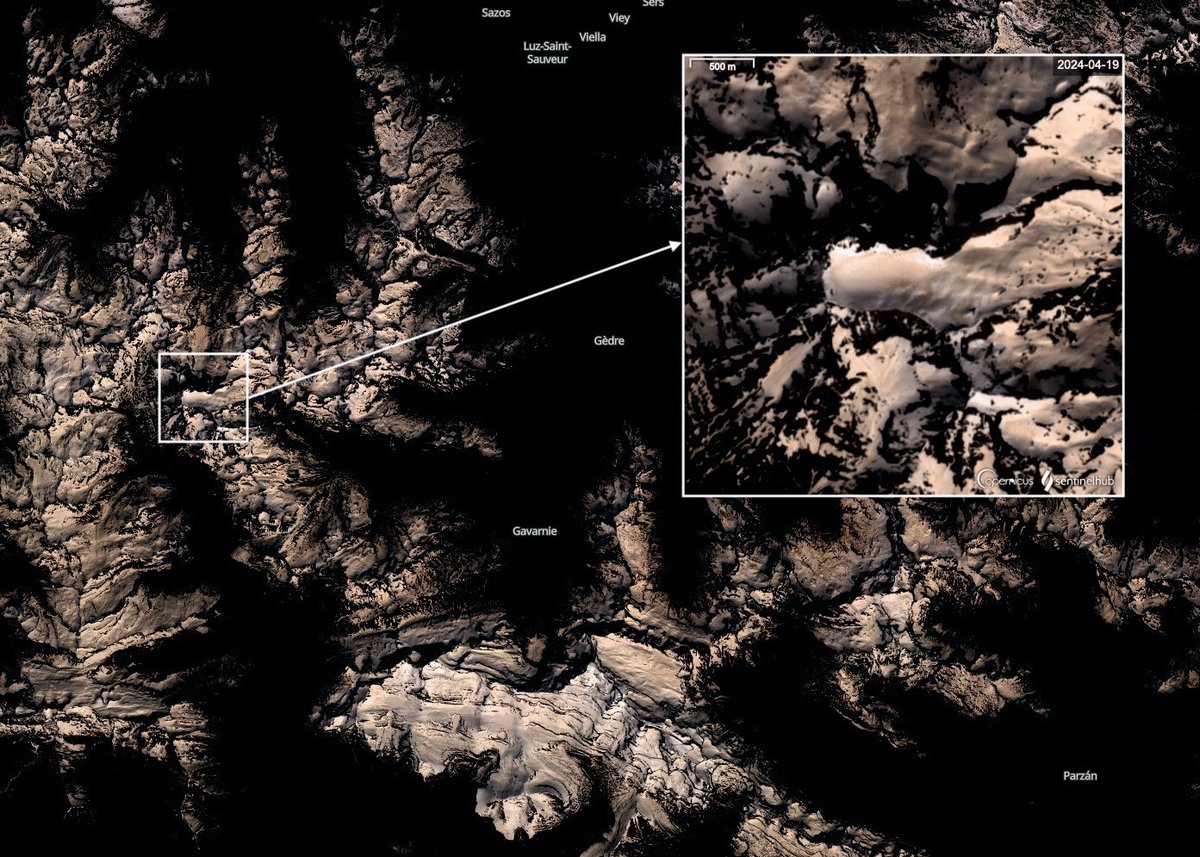 La neige est blanche, sauf quand elle est orange ! 
Les Pyrénées depuis l'espace le 19 avril et un zoom sur le Vignemale. Image #Sentinel2 <a href="/CopernicusEU/">Copernicus EU</a>