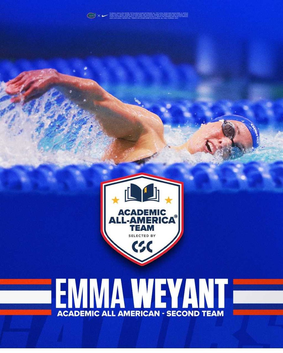 Academic All-American 📚✔️ Congratulations to Emma Weyant for being named to CSC’s Second-Team Academic All-America Women’s Swimming & Diving Team! 🔗bit.ly/3UjLNiO #GoGators