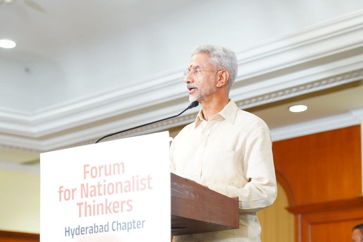 Speaking on Foreign Policy the India Way: From Diffidence to Confidence in #Hyderabad, #Telangana External Affairs Minister @DrSJaishankar said 'India First' and 'Vasudhaiva Kutumbakam' are the two sides of the same coin for #India. He said the welfare and safety of Indians are