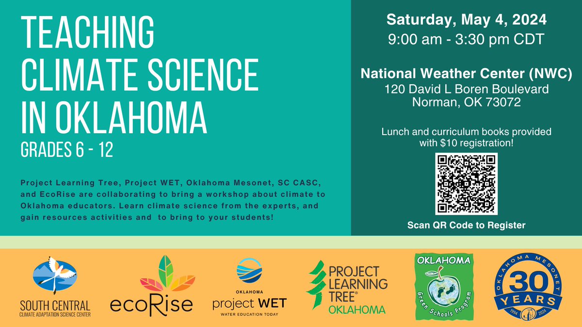 There are still spots available for this workshop!  Come learn about climate science from the scientists, tour the National Weather Center, and  walk away with tons of great resources on how to teach about climate!

Sign up now at ag.ok.gov/calendar