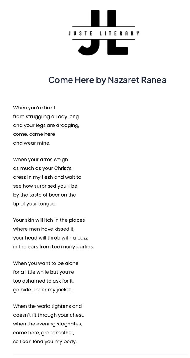 Nazaret Ranea (@nazaretranea) on Twitter photo Delighted to have my poem Come Here included on <a href="/JusteLiterary/">Juste Literary🇵🇸</a> very first issue which can be read here justeliterary.com.ng Delighted to have my poem Come Here included on <a href="/JusteLiterary/">Juste Literary🇵🇸</a> very first issue which can be read here justeliterary.com.ng