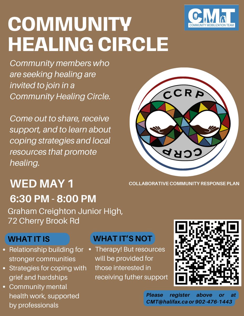 See details below for an up-coming community healing circle hosted by the HRM Community Safety Office. 

Event takes place May 1st 6:30pm-8:00pm at Graham Creighton Junior Highschool. 

We encourage community members to attend!