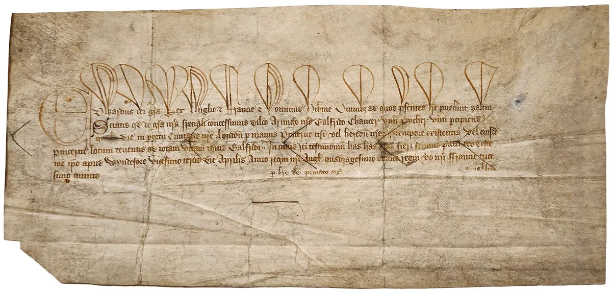 650 years ago today on #StGeorgesDay the poet Geoffrey Chaucer was given a rather unusual royal gift, a daily allowance of a pitcher (roughly a gallon) of wine... The original letters patent for the grant are on display @UkNatArchives until the end of the month