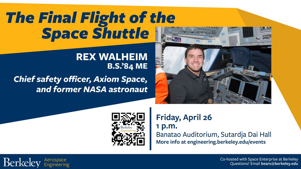 Please join us on Friday, April 26, for a special afternoon as we welcome former astronaut Rex Walheim (B.S.’84 ME), who will discuss “The Final Flight of the Space Shuttle.” Seating is first come, first served. Overflow viewing will be available in the Kvamme Atrium.