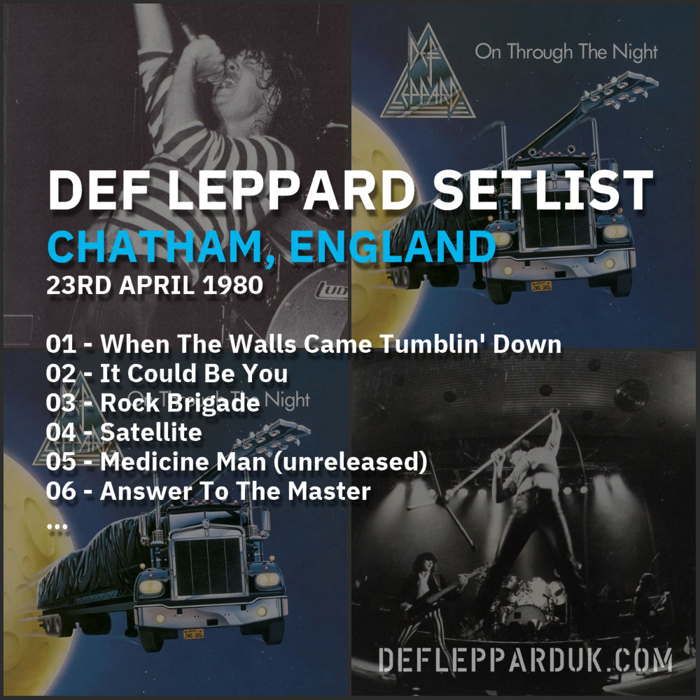 #DefLeppard #Setlist for a show in
#Chatham ENGLAND 🇬🇧🏴󠁧󠁢󠁥󠁮󠁧󠁿 44 Years Ago on this day in 1980

01 - When The Walls Came Tumblin' Down
02 - It Could Be You
03 - Rock Brigade...

#PeteWillis #SteveClark #nwobm #joeelliott #ricksavage #rickallen
deflepparduk.com/1980chatham.ht…