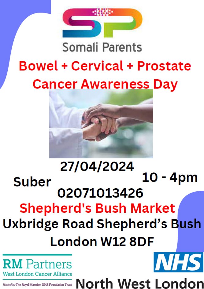 Healthwatch Hammersmith & Fulham (@healthwatchhf) on Twitter photo .<a href="/ParentsSomali/">Somali Parents CIC</a> are organising this important cancer awareness day for Somali residents across West London.
Covering bowel, cervical and prostate cancer.
⏰ Saturday 27 April, 10am-4pm
📍 Shepherd's Bush Market
#healthmatters #health #community .<a href="/ParentsSomali/">Somali Parents CIC</a> are organising this important cancer awareness day for Somali residents across West London.
Covering bowel, cervical and prostate cancer.
⏰ Saturday 27 April, 10am-4pm
📍 Shepherd's Bush Market
#healthmatters #health #community