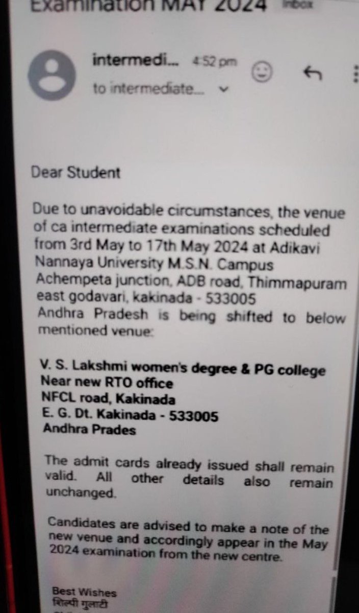 caanupam7's tweet photo. It has come to my knowledge that some exam centers have been changed by ICAI and emails have been sent to students. I am not surprised because I am aware that these types of things occur. It matter of utter surprise not a single CCM post this information in the benefits of students 😡
I further advise students whose center comes in the city in which the third or fourth phase election will be held to plan for the May 5 and May 11, 2024 exam papers and come at least 1 hour before the scheduled time because on both dates public transport is not available, and due to the last day of the election, there may be a road show conducted by political parties and road jams for full days. Last but most important, please concentrate on the study and also check the email for center information.  @ruwatiaofficial @theicai @CaRANJEET @CA_AkshatS @aarchanay @Thisissamarpit @CAChirag @akhilpachori @Abhinavaag