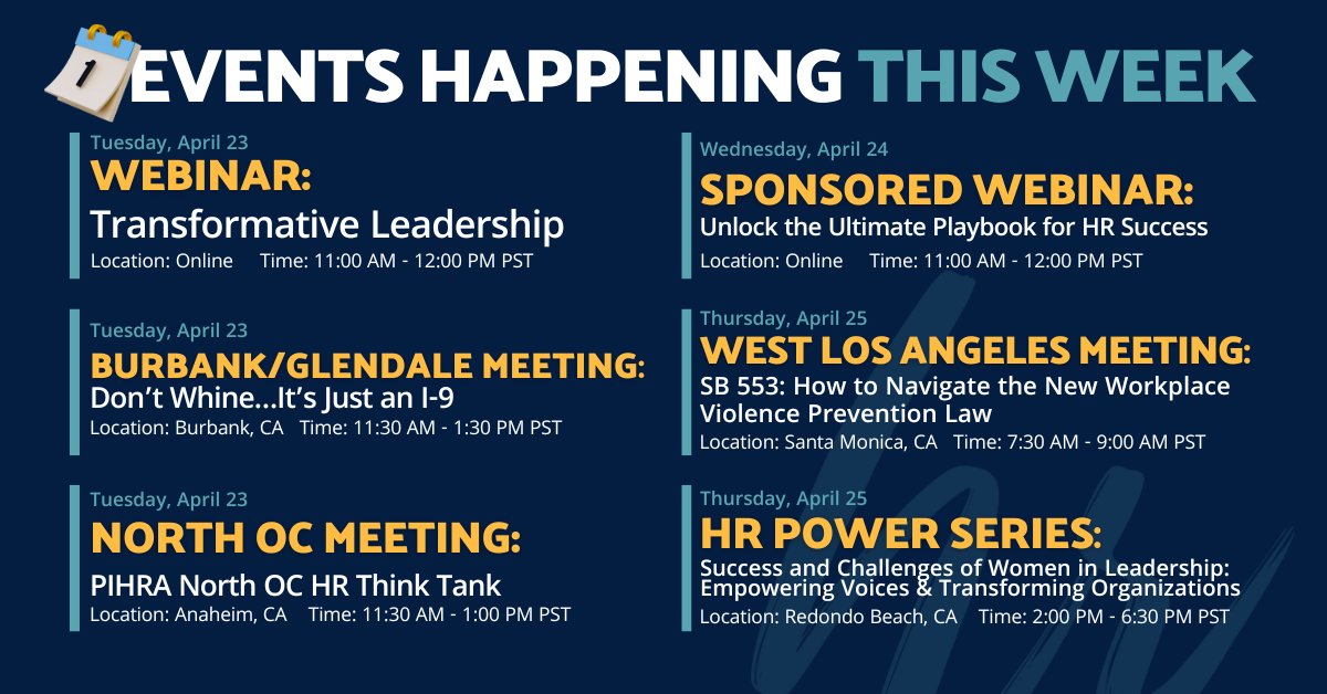 🌸 Spring into Growth with PIHRA's Events! 🌸 Join us this week for a blooming array of workshops and meetings tailored for HR professionals. Let's blossom together this spring! Register now: mypihra.org/events/event_l…? #PIHRA #SpringGrowth #ProfessionalDevelopment 🌱🌼