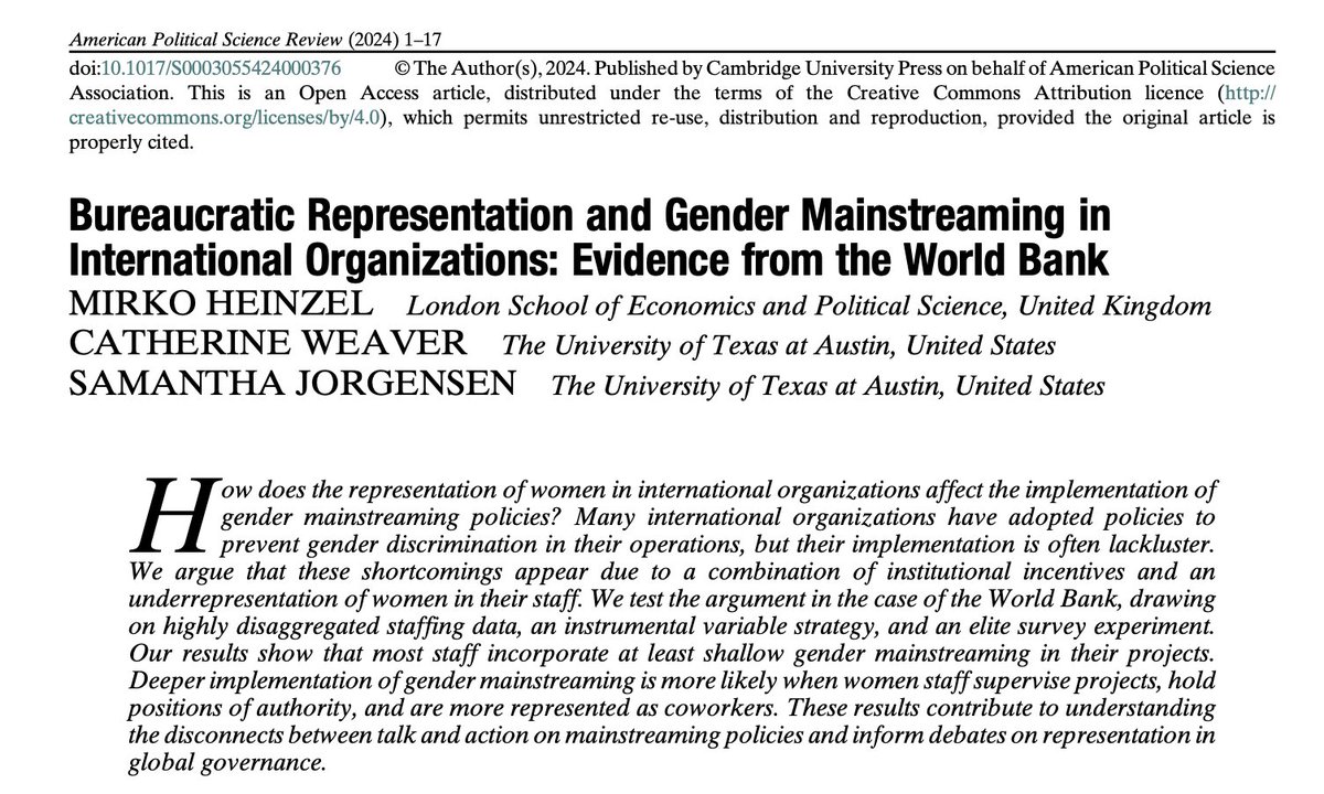 NEW ARTICLE: 'Bureaucratic Representation and Gender Mainstreaming in International Organizations: Evidence from the World Bank' @MirkoNoaHeinzel published @apsrjournal #OA ➡️cambridge.org/core/journals/…