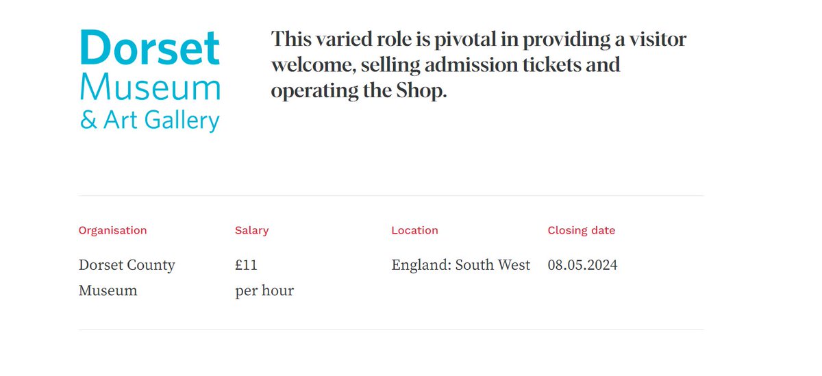 Hi @DorsetMuseum - This job which was posted today is advertised at £11 per hour. National Minimum Wage rose to £11.44ph on 1st April this year, and Real Living Wage is £12ph.