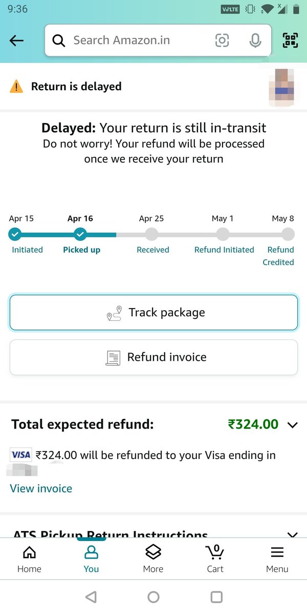 @amazonIN This is sheer nonsense when my return was picked up on 16 and refund is still nt credited. It was supposed to be done on 23 and now on 8May. Why should I suffer this delay when there is a big chance that refund parameters may be sacrificed in transit. Can anyone tell me