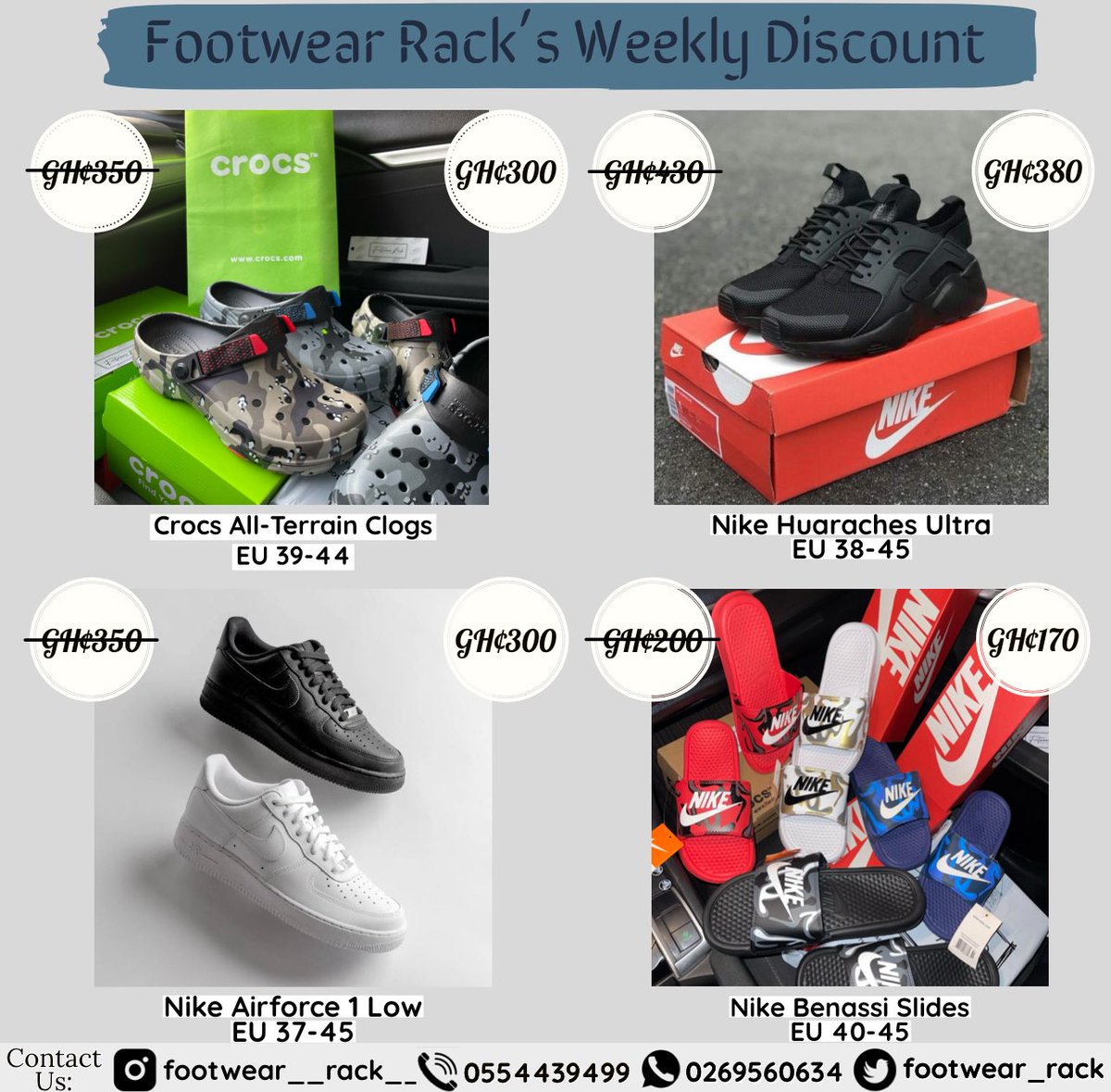 The Weekly Discount Sales is here!!! Ladies and Gentlemen, these are your items on discount for the week🤩🤩 Dm or WhatsApp 0269560634 to place your orders ASAP. Kindly follow link in CS to visit our IG page. Please RT!!. God bless you❤️🙏🏾