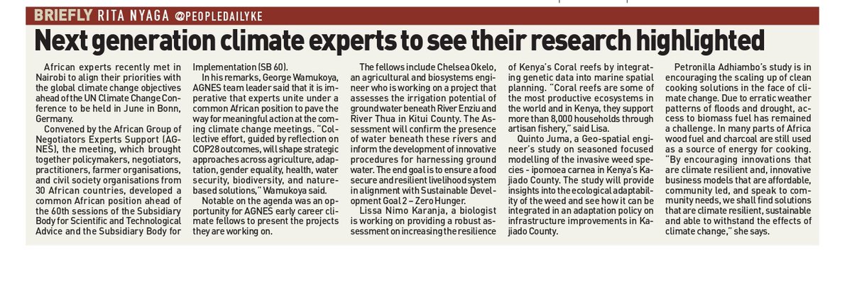 Partnership between @AGNESAfrica1 & @NLinKenya  brings #YouthAtTheTable by supporting Early Career Climate Fellowships.

#ClimateChange

Grateful to @PeopleDailyKe for the highlight.