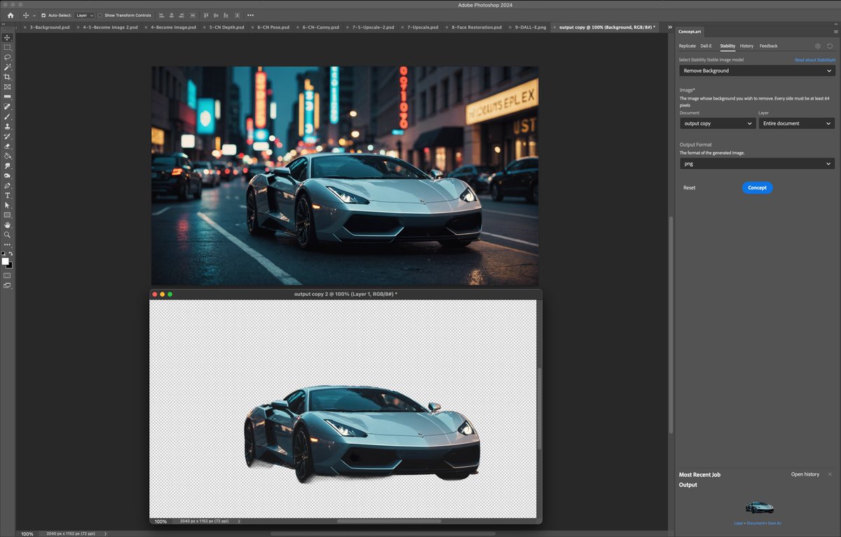 cantrell's tweet image. @StabilityAI&apos;s new Remove Background model is:

a) Quite good.
b) Coming to the #Photoshop plugin!