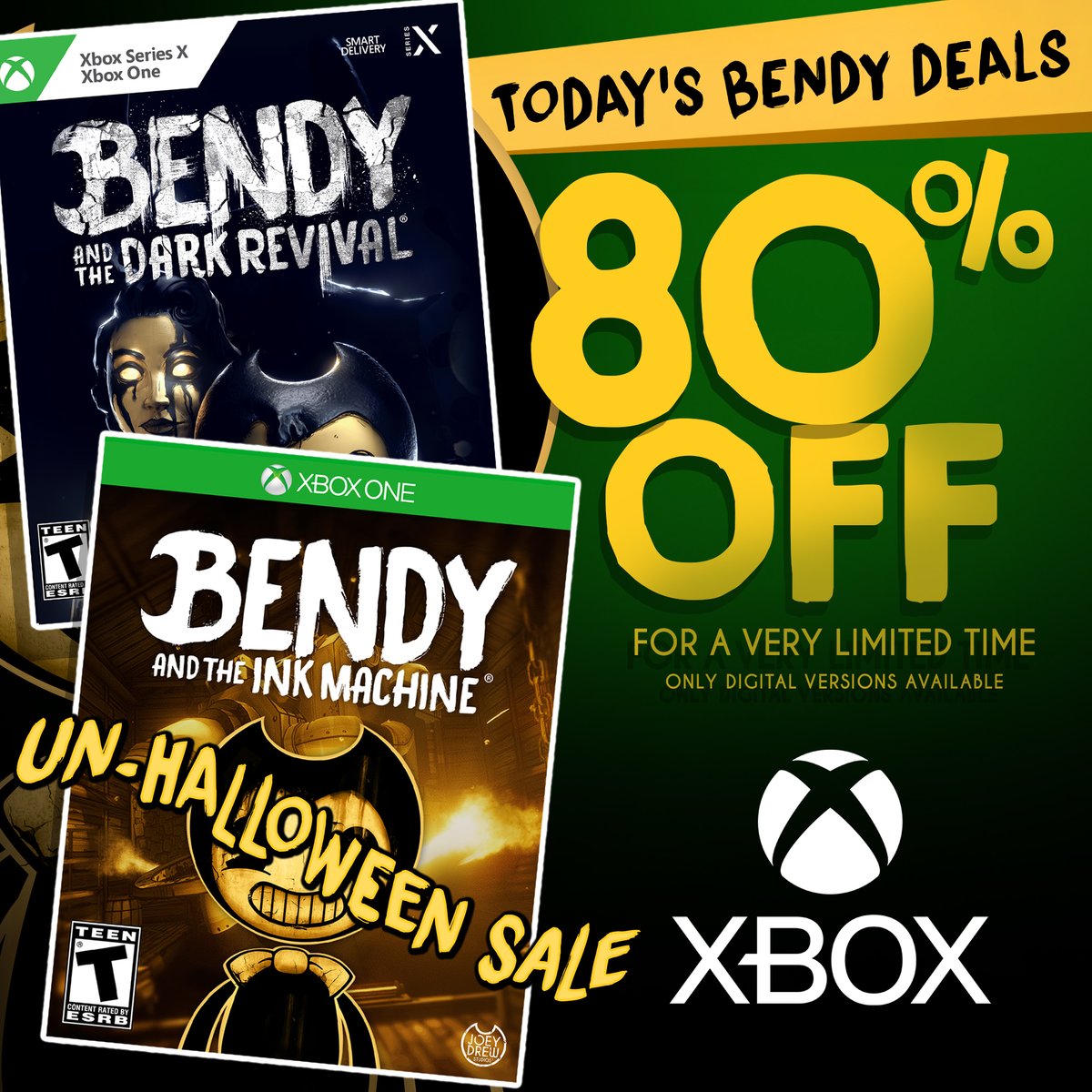 🟡 Today’s Bendy Deals 🟡 80% Off #BATDR and #BATIM on XBOX! 🎮 bit.ly/BATDRXbox bit.ly/BATIMXbox #BENDY
