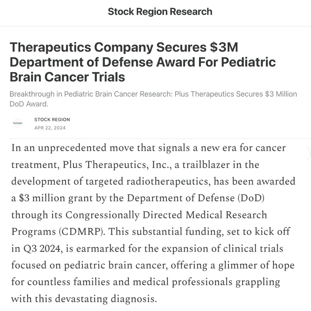 Exciting news yesterday as $PSTV was able to share our recent $3 Million DoD Award for our ReSPECT-PBC Pediatric Brain Cancer Trial. 

Stock Region Article: bit.ly/4b4OBXG

#Nasdaq #ClinicalResearch #ClinicalTrial #PediatricOncology #BrainCancer