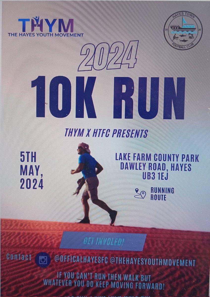 The Hayes Youth Movement, along with Hayes Town Football Club, have organised a 10km run for Sunday 5th May 2024. You can run, walk, go along to support others. Email contact@thehym.co.uk for more info. #community. @Hayes_TP, @HillingdonVoice, @Hillingdon, @janet_gardner1.