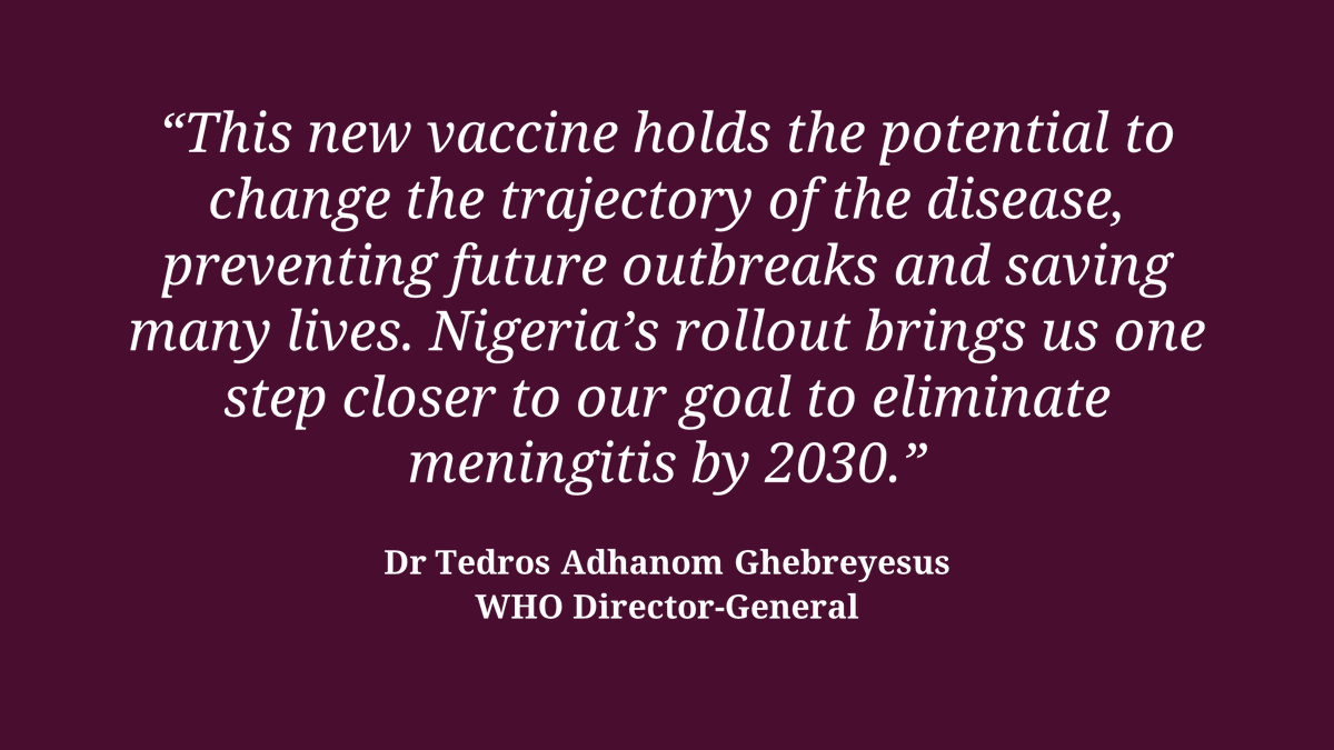 Becoming the first country to do so, Nigeria rolls out a new 5-in-1 vaccine against meningitis. Funded by @gavi, this initiative is a WORLD-FIRST and brings Nigeria within reaching distance of eliminating this disease. 💪 who.int/news/item/12-0…