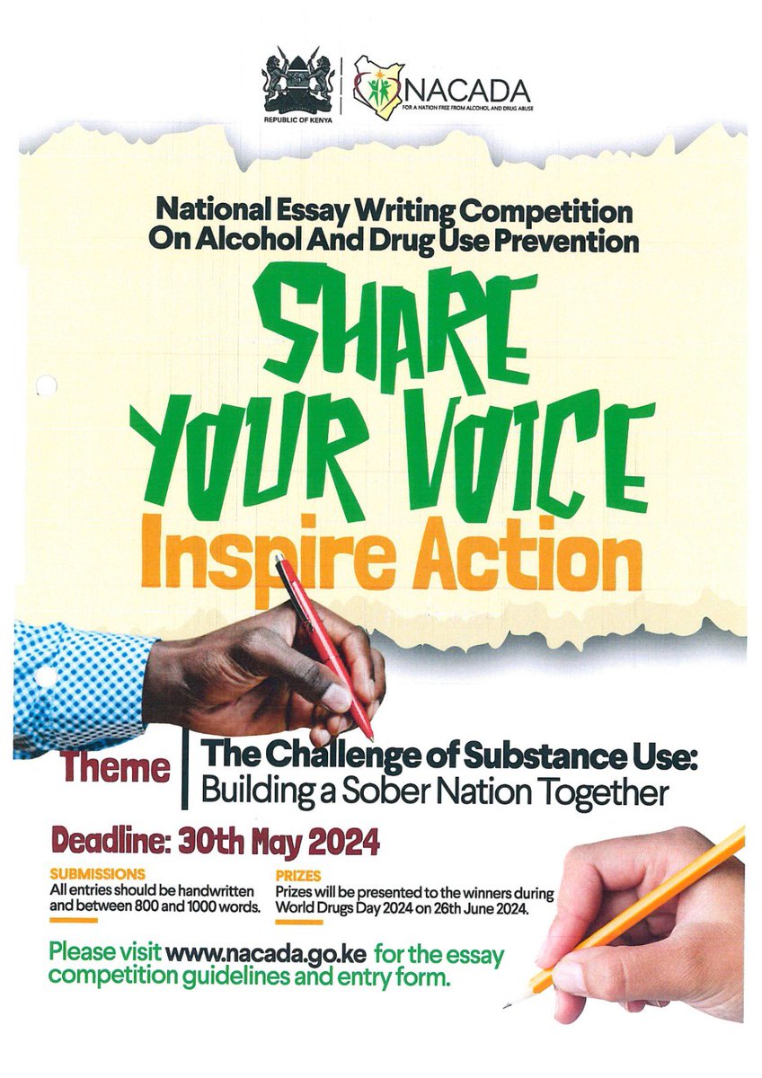 Share your voice with @NACADAKenya and Inspire Action ✍️🏾

Check poster of the National Writing Competition on Alcohol & drug use prevention for details 

This competition is open to all secondary / highschool students
(Form 1-4) 

Tell a friend to tell a friend 🫵🏾 🇰🇪

#SCADCares