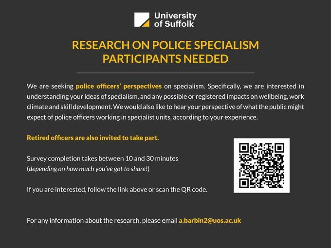 CCCUPolRes's tweet photo. Wonderful PhD student Arianna Barbin has launched a second study on Police Specialism
If you are or were a police officer and you want to contribute, click on this link: 
https://t.co/rOiOfNe5NX 
or use the QR code below.
Please share and take part if you can - thank you! https://t.co/y2xtuVegqZ