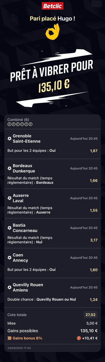 🇫🇷 COMBINÉ LIGUE 2 

COTE A 27.02 🎰

❤️ SI TU SUIS ! 🔥 #TeamParieur #Ligue2