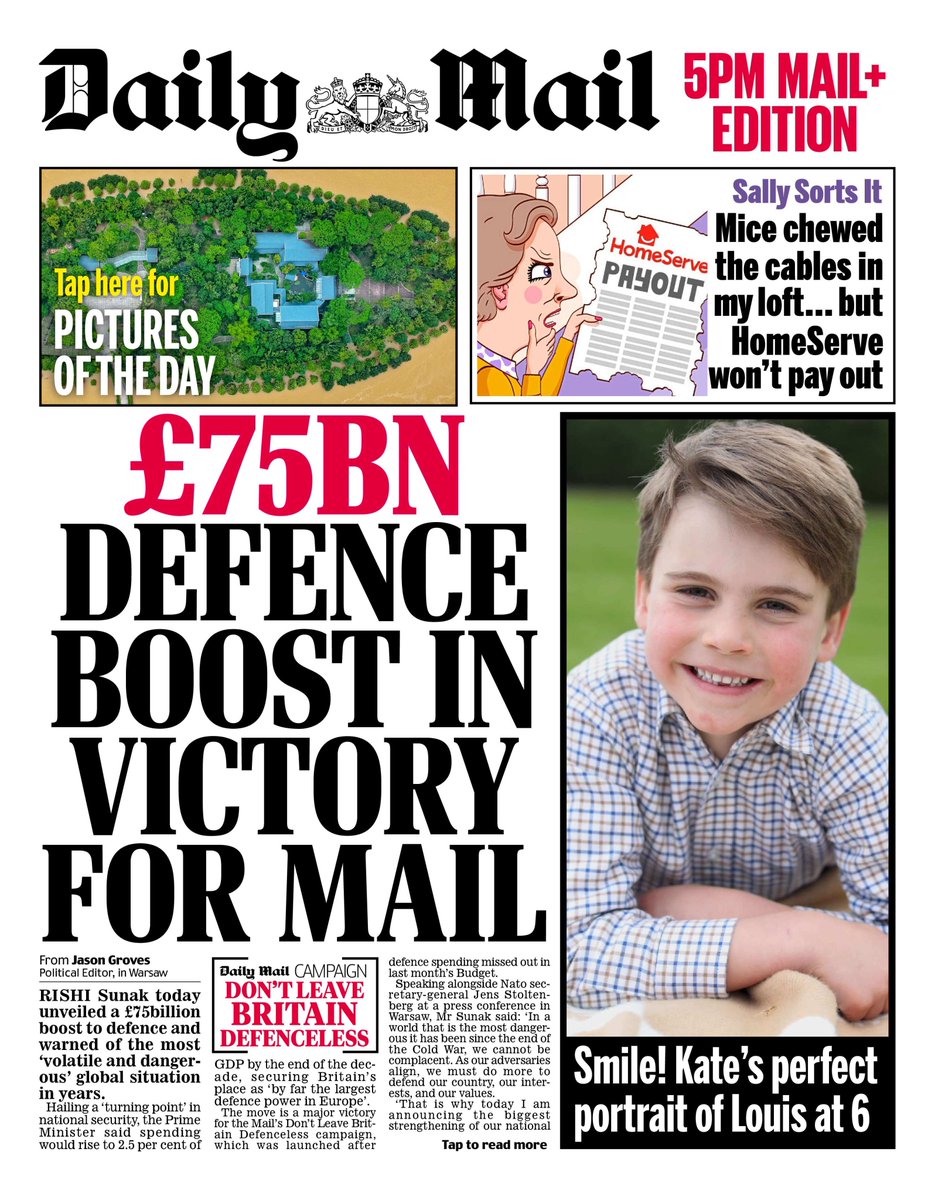 Rishi Sunak today unveiled a £75bn boost to defence and warned of the most ‘volatile and dangerous’ global situation in years. The move is a major victory for the Mail’s Don’t Leave Britain Defenceless campaign. Read @JasonGroves1 report from Warsaw now on @mpeditions.
