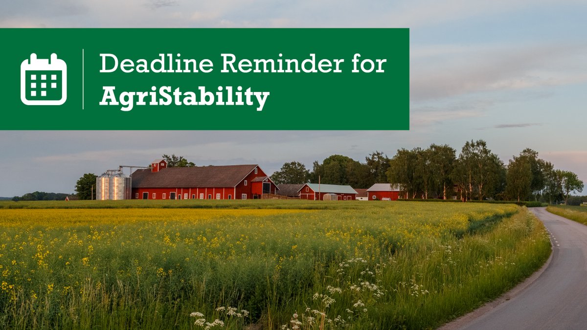 We're just one week from the April 30 deadline to enrol, pay fees or opt-out of #AgriStability for the 2024 program year. New to AgriStability? Learn more about how it can work on your farm: bit.ly/3A9Nd4A #ABag