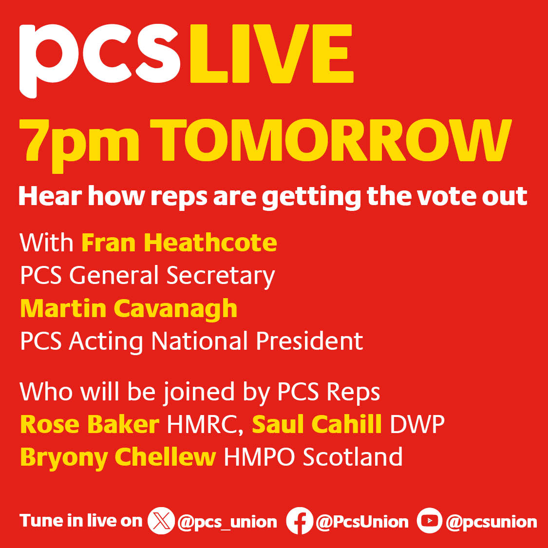 Tomorrow! Fran and Martin will be joined by 3 fantastic PCS Reps to tell us how they have been getting the vote out. Tune in LIVE tomorrow at 7pm More details: pcs.org.uk/news-events/ne… #PCSVoteYes #HaveYourSay #popitinthepost